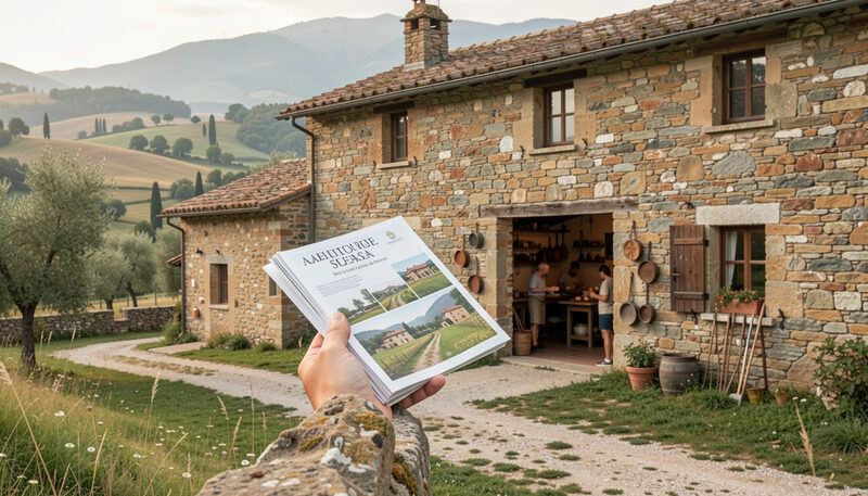 Facciata in pietra calcarea di un casale tra Assisi e il Subasio, fotografata di profilo con luce radente del mattino.