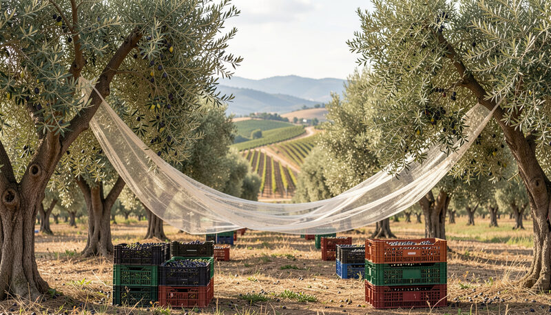Raccolta delle olive con reti sotto gli alberi, cassette piene e colline di vigne sullo sfondo.