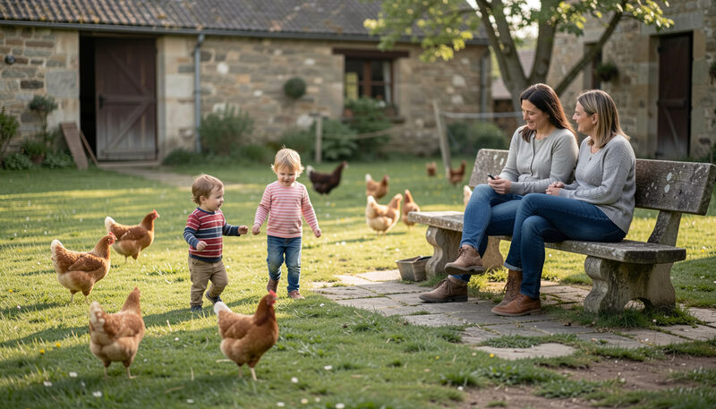 Bambini che giocano in un cortile erboso con galline vicine mentre i genitori riposano in panchina.